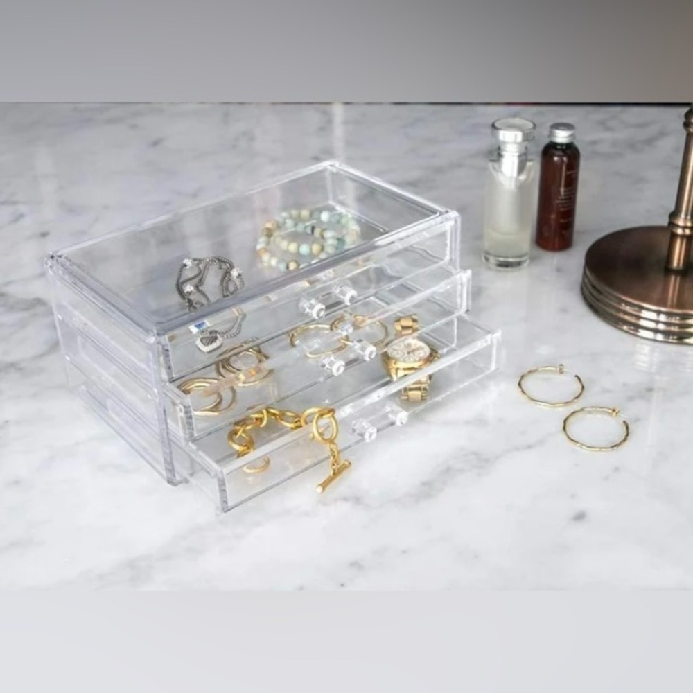 Isaac Jacobs Clear Acrylic Jewelry, office supply, makeup Organizer w 3 drawers